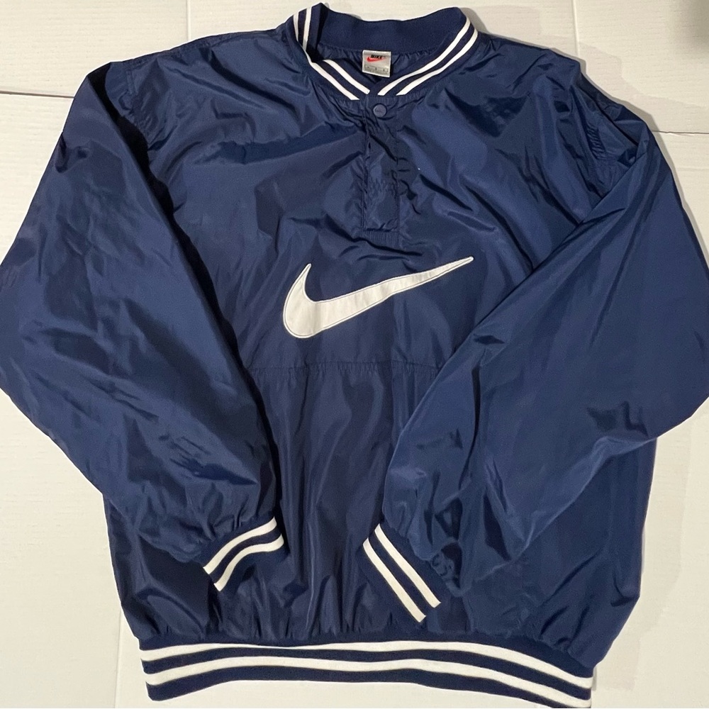 Vintage 90s Nike Pullover Lined Windbreaker Large Center Swoosh Blue White Tag